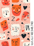 A playful collection of quirky, abstract cartoon faces interspersed with hearts and geometric shapes against a vibrant pink backdrop. Стоковое AI-изображение, AI-художник Данила Большаков / Фотобанк Лори