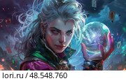 A woman holds a crystal ball in her hand, examining it closely. Стоковое AI-изображение, AI-художник Данила Большаков / Фотобанк Лори