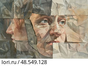 A womans face is artistically segmented and pieced together on a textured, geometric background. Стоковое AI-изображение, AI-художник Данила Большаков / Фотобанк Лори