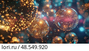 Glowing orbs with intricate patterns float mysteriously against a backdrop of shimmering gold and blue bokeh lights. Стоковое AI-изображение, AI-художник Данила Большаков / Фотобанк Лори