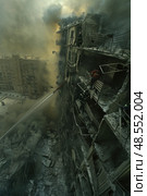 Firefighters douse a towering inferno in a high-rise, as smoke billows against a backdrop of devastation. Стоковое AI-изображение, AI-художник Данила Большаков / Фотобанк Лори