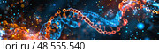 A digitally rendered double helix twists against a backdrop of blue and orange bokeh, symbolizing molecular biology and genetic research. Стоковое AI-изображение, AI-художник Данила Большаков / Фотобанк Лори