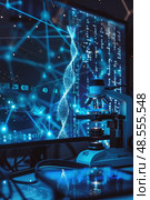 A modern microscope sits before a glowing screen displaying a DNA helix, highlighting advanced genetic research in a laboratory setting. Стоковое AI-изображение, AI-художник Данила Большаков / Фотобанк Лори