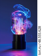 A plasma ball emits intertwining tendrils of light, creating a captivating display against a purple and blue gradient. Стоковое AI-изображение, AI-художник Данила Большаков / Фотобанк Лори