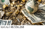 A close-up view showing a mix of gold nuggets, cash, and a small globe representing the international finance concept. Стоковое AI-изображение, AI-художник Данила Большаков / Фотобанк Лори