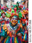 A diverse group of individuals dressed in vibrant costumes, parading down the street in celebration. Стоковое AI-изображение, AI-художник Данила Большаков / Фотобанк Лори
