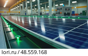 A clean energy factory, solar panels being assembled on a conveyor belt, with green lighting accents symbolizing sustainability. Стоковое AI-видео, аниматор Sergey Grishin / Фотобанк Лори