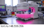 A sophisticated device is precisely handling samples in a well-equipped laboratory, illuminated with vibrant pink light during daylight hours. Стоковое AI-изображение, AI-художник Данила Большаков / Фотобанк Лори