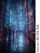 In a glowing corridor filled with vibrant digital data displays, professionals walk through an advanced urban environment after dark. Стоковое AI-изображение, AI-художник Данила Большаков / Фотобанк Лори