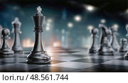 Strategic Chess Match Featuring Silver and Black Pieces in an Intense Atmosphere. Стоковое AI-изображение, AI-художник Юлия Гапеенко / Фотобанк Лори