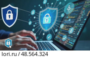 Person is typing on a laptop with a blue shield on the screen. Стоковое AI-видео, аниматор Sergey Grishin / Фотобанк Лори