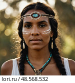 A striking young Aboriginal Australian woman stands confidently, her features illuminated by soft sunlight Generative AI. Стоковое AI-изображение, AI-художник Юлия Петровская / Фотобанк Лори