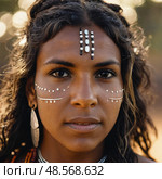 A vibrant young Aboriginal Australian woman stands against a blurred background, adorned with traditional markings on her face, radiating cultural pride and strength Generative AI. Стоковое AI-изображение, AI-художник Юлия Петровская / Фотобанк Лори
