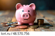 A sad piggy bank surrounded by scattered coins symbolizing economic hardship, budgeting struggles and financial awareness. Стоковое AI-изображение, AI-художник Igor Tichonow / Фотобанк Лори