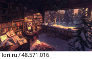 Winter Solitude: A Cozy Library Retreat with Snowy Pine Glimpse, Evoking a Sense of Peace and Introspection. Стоковое AI-изображение, AI-художник Данила Большаков / Фотобанк Лори