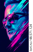 Neon Dystopian Portrait: A man of the future with vibrant cybernetic enhancements in a dark setting. Стоковое AI-изображение, AI-художник Данила Большаков / Фотобанк Лори