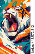 Roaring Feline: A wild tiger's display of power, aggression, and raw beauty, showcasing intense ferocity and colorful energy. Стоковое AI-изображение, AI-художник Данила Большаков / Фотобанк Лори