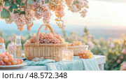 Summer Picnic: Still Life with Ripe Grapes and Refreshments for a Relaxing Afternoon Celebration. Стоковое AI-изображение, AI-художник Данила Большаков / Фотобанк Лори