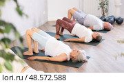Elderly woman in company of hatha yoga lovers performs bridge pose, setu bandha sarvangasana. Стоковое фото, фотограф Яков Филимонов / Фотобанк Лори