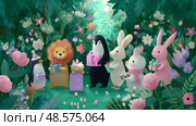 Colorful gathering of cute animals in a vibrant forest celebrating a special occasion with gifts and flowers. Стоковое AI-изображение, AI-художник Сергей Толмачёв / Фотобанк Лори