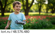 Boy with prosthetic arm, joyful park play, his joyful smile shows utter joy. Стоковое AI-изображение, AI-художник Броницкая Галина / Фотобанк Лори