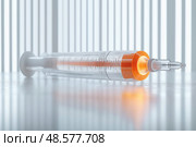 Syringe with glowing liquid on reflective surface in bright environment. Шприц со светящейся жидкостью на отражающей поверхности в ярком окружении. Стоковое AI-изображение, AI-художник Katsiaryna Repich / Фотобанк Лори