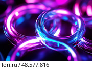 A 3D render of interconnected glowing rings in a gradient of blues and purples, against a dark background,  created by ai. Стоковое AI-изображение, AI-художник Виталий Сова / Фотобанк Лори