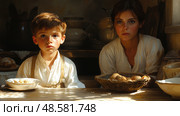 Two children sit silently at a wooden table in a rustic kitchen, engaged in their thoughts while surrounded by warm afternoon light. Стоковое AI-изображение, AI-художник Данила Большаков / Фотобанк Лори