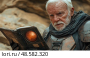 An elderly man wearing a rugged suit intently studies a glowing book that reveals a detailed map in a rocky, barren environment. Стоковое AI-изображение, AI-художник Данила Большаков / Фотобанк Лори