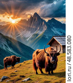 Yak (Cashmere, Mongolian, Tibetan bull) (lat. Bos mutus) is an even-toed ungulate mammal from the genus of true bovines of the Bovidae family. The yak's homeland is Tibet, where it is used as a pack and meat animal. Стоковое AI-изображение, AI-художник Сергей Елизарьев / Фотобанк Лори
