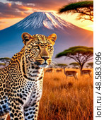 The leopard (Lat. Panthera pardus) is a species of predatory mammals of the cat family, belonging to the subfamily of big cats. The species' range covers Africa and the southern half of Asia. Стоковое AI-изображение, AI-художник Сергей Елизарьев / Фотобанк Лори