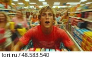 A young boy joyfully pushes his cart through a bustling grocery store, surrounded by colorful products and fellow shoppers on a sunny day. Стоковое AI-изображение, AI-художник Данила Большаков / Фотобанк Лори