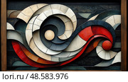 A decorative piece featuring layered shapes in neutral and vibrant colors, mimicking the movement of ocean waves in a modern gallery. Стоковое AI-изображение, AI-художник Данила Большаков / Фотобанк Лори