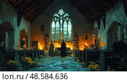 Two figures stand in a softly lit church adorned with flowers and candles, creating a peaceful atmosphere during twilight. Стоковое AI-изображение, AI-художник Данила Большаков / Фотобанк Лори