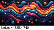 Swirling waves of color intertwine with pills and spheres, creating an abstract cosmic scene full of depth and vibrancy. Стоковое AI-изображение, AI-художник Данила Большаков / Фотобанк Лори