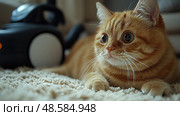 An orange cat lounges comfortably on a plush rug while observing a black and white vacuum cleaner in a warm home environment. Стоковое AI-изображение, AI-художник Данила Большаков / Фотобанк Лори