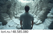 A person gazes at towering piles of disorganized papers in a dimly lit space, sunlight streaming from above, evoking a sense of overwhelm and intrigue. Стоковое AI-изображение, AI-художник Данила Большаков / Фотобанк Лори