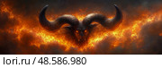 Fiery Beast Portrait: Dramatic depiction of an infernal horned creature engulfed in intense flames, evoking a sense of otherworldly power. Стоковое AI-изображение, AI-художник Данила Большаков / Фотобанк Лори