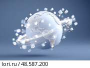 Digital earth with glowing connections and data particles on blue background. Стоковое AI-изображение, AI-художник Мария Фадеева / Фотобанк Лори