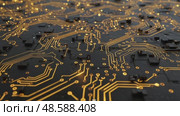 Circuit board close-up with golden lines on black surface. Стоковое AI-видео, аниматор KATERINA AI / Фотобанк Лори