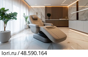 Modern wellness room with a luxury recliner in a cozy atmosphere. Современная оздоровительная комната с роскошным креслом в уютной атмосфере. Стоковое AI-изображение, AI-художник Katsiaryna Repich / Фотобанк Лори