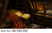 Cozy Winter Cabin Reading Nook: An open book beckons near a snow-covered window with a crackling fire, inviting quiet reflection. Стоковое AI-изображение, AI-художник Данила Большаков / Фотобанк Лори