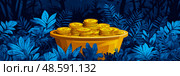 Leprechaun's Loot: A Pot of Gold Hidden in an Enchanted Blue Forest for Saint Patrick's Day. Стоковое AI-изображение, AI-художник Данила Большаков / Фотобанк Лори