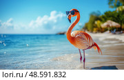 Flamingo wearing sunglasses enjoying a sunny beach at turquoise water. Фламинго в солнцезащитных очках на солнечном пляже у бирюзовой воды. Стоковое AI-изображение, AI-художник Katsiaryna Repich / Фотобанк Лори