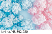 Winter Frost Fantasy: A whimsical bird's eye of frosted treetops bathed in pastel pink and cool blue hues, creating an ethereal wonderland. Стоковое AI-изображение, AI-художник Данила Большаков / Фотобанк Лори