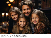 Mature man proudly poses alongside his beloved family, capturing essence of unconditional love and strength found in generational connections. Стоковое AI-изображение, AI-художник Данила Большаков / Фотобанк Лори