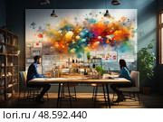 Two individuals captivated by the enchanting beauty of a remarkable painting, seated at a table in contemplative reflection. Стоковое AI-изображение, AI-художник Данила Большаков / Фотобанк Лори