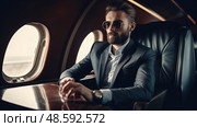 Stylish man in sunglasses and a refined suit exudes confidence as he relaxes in the luxurious cabin of an airplane. Стоковое AI-изображение, AI-художник Данила Большаков / Фотобанк Лори