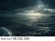 Choppy ocean waters under foreboding, stormy sky as ships navigate the tumultuous seas at dusk, highlighting natures raw power. Стоковое AI-изображение, AI-художник Данила Большаков / Фотобанк Лори