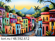 Colorful and whimsical portrayal of a hillside town at dusk, with stylized buildings and a serene mountain backdrop, evoking a sense of magical quietude. Стоковое AI-изображение, AI-художник Данила Большаков / Фотобанк Лори